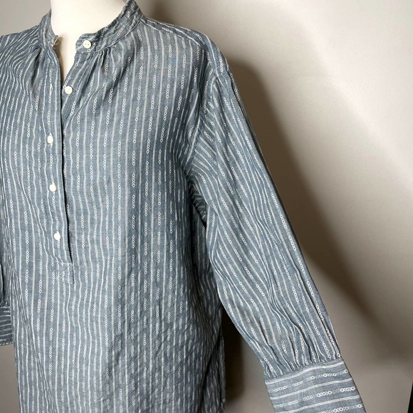 FRYE Size Large Popover Cotton Tunic Top 3/4 Sleeve Diamond Stripe Half Button - Picture 6 of 16